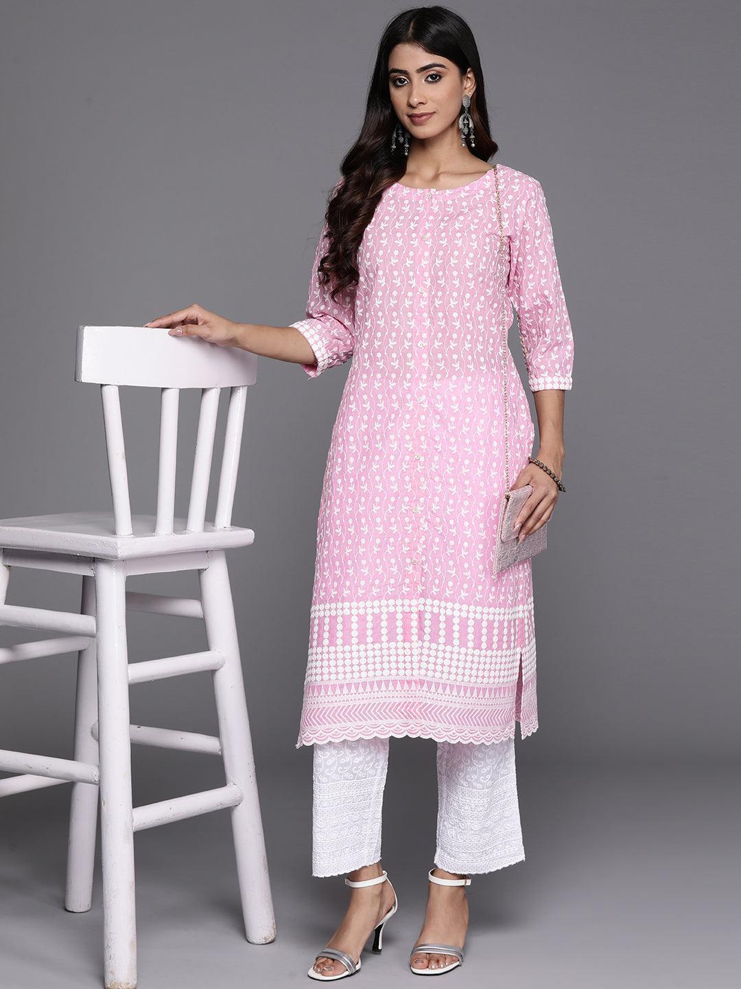 Pink Embroidered Cotton Straight Kurta