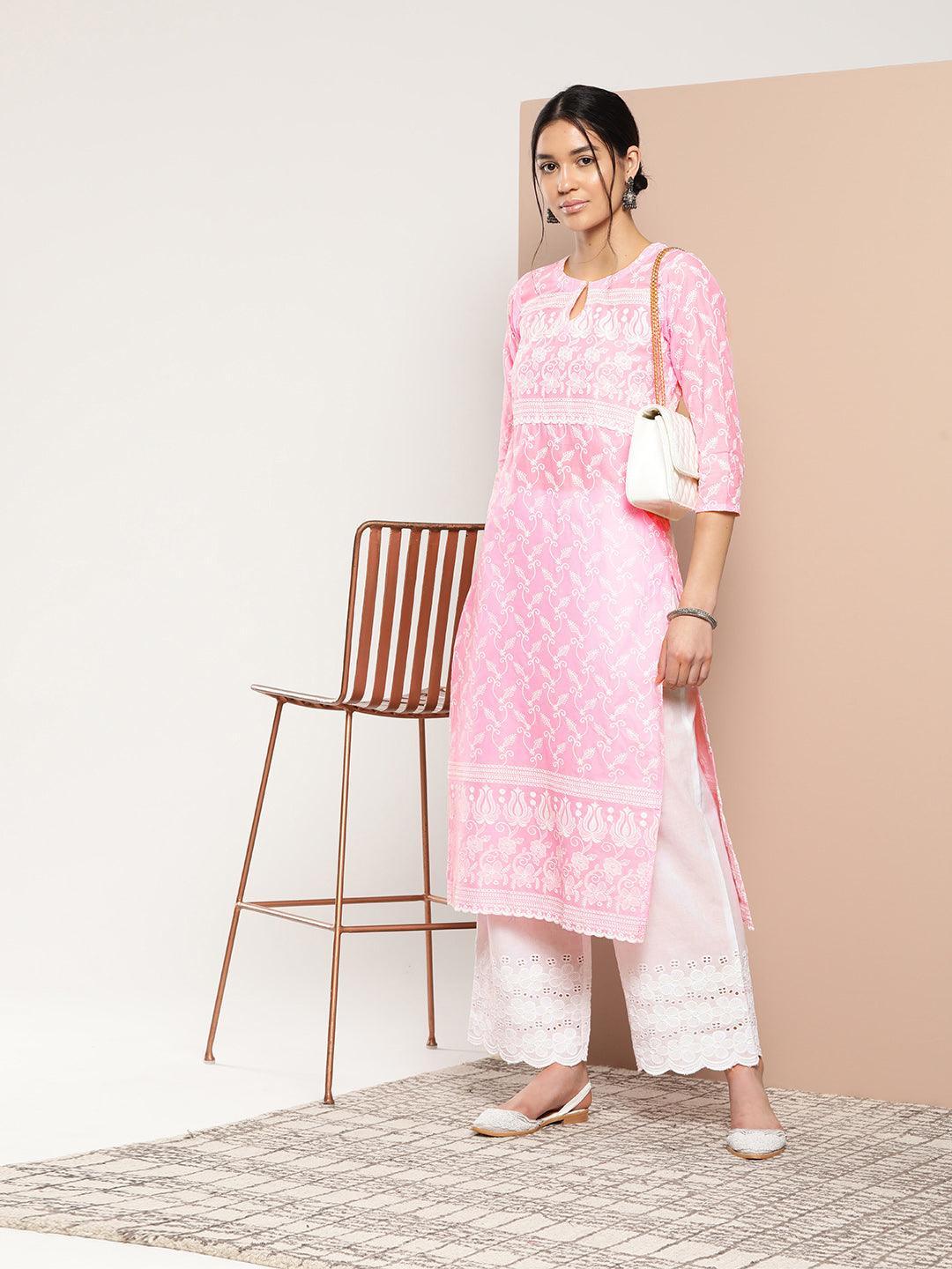 Pink Embroidered Cotton Straight Kurta