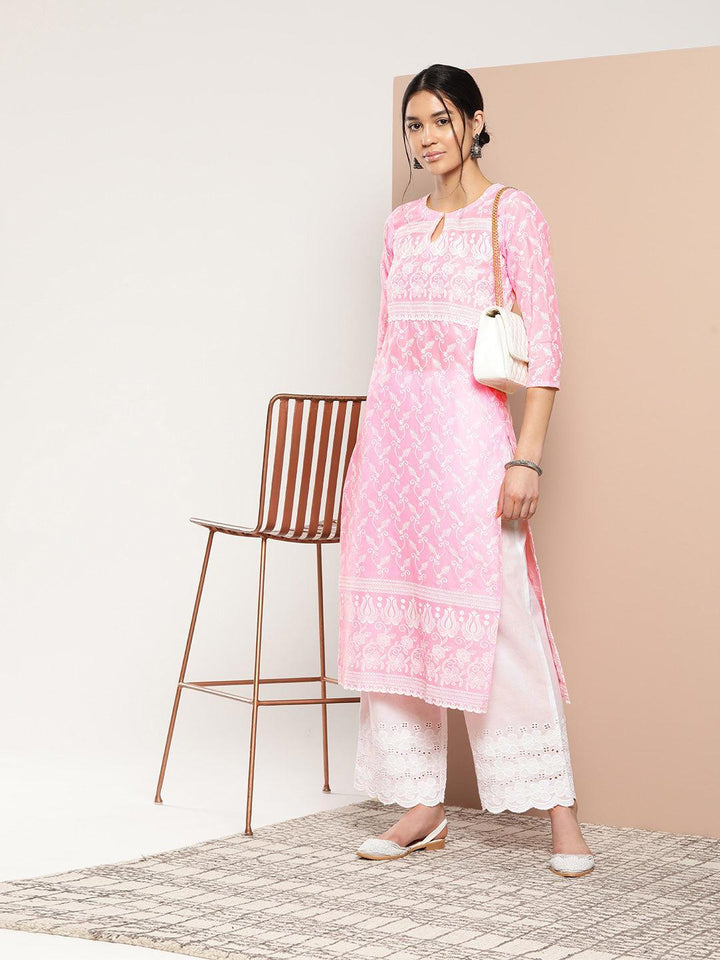 Pink Embroidered Cotton Straight Kurta - ShopLibas