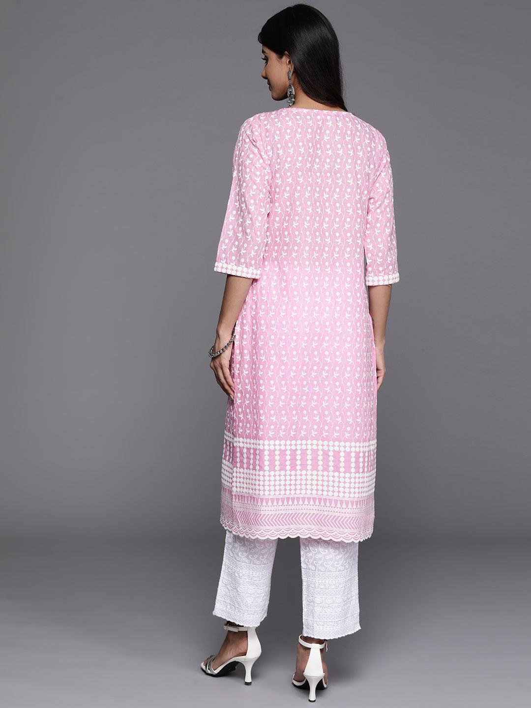 Pink Embroidered Cotton Straight Kurta