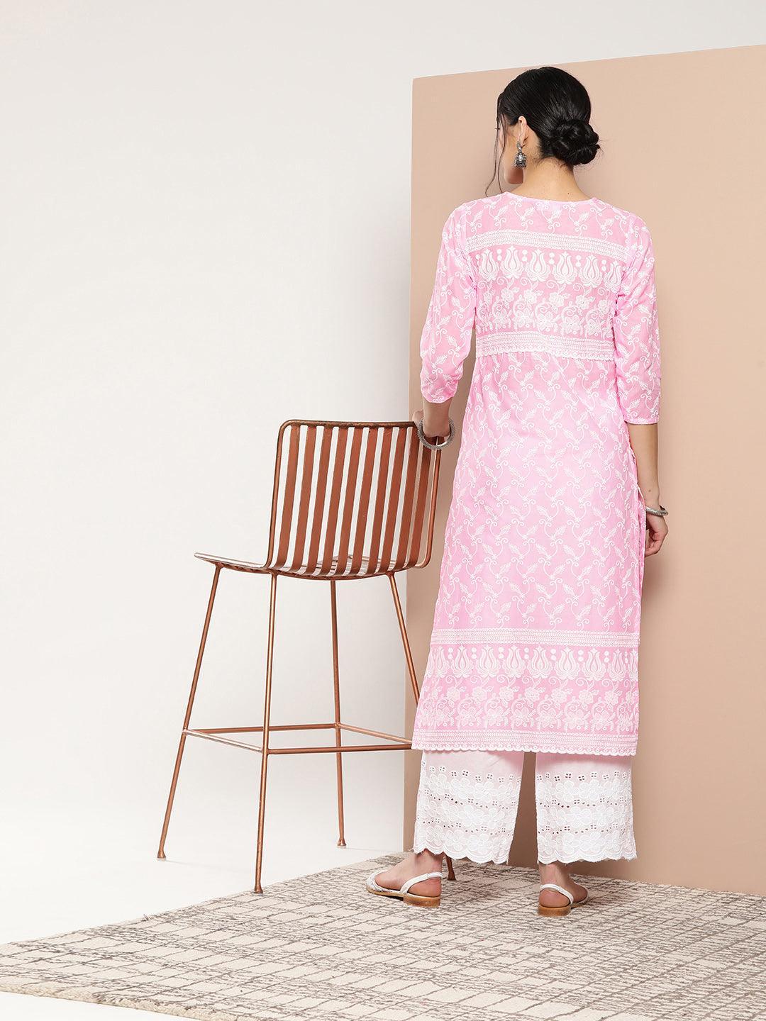 Pink Embroidered Cotton Straight Kurta