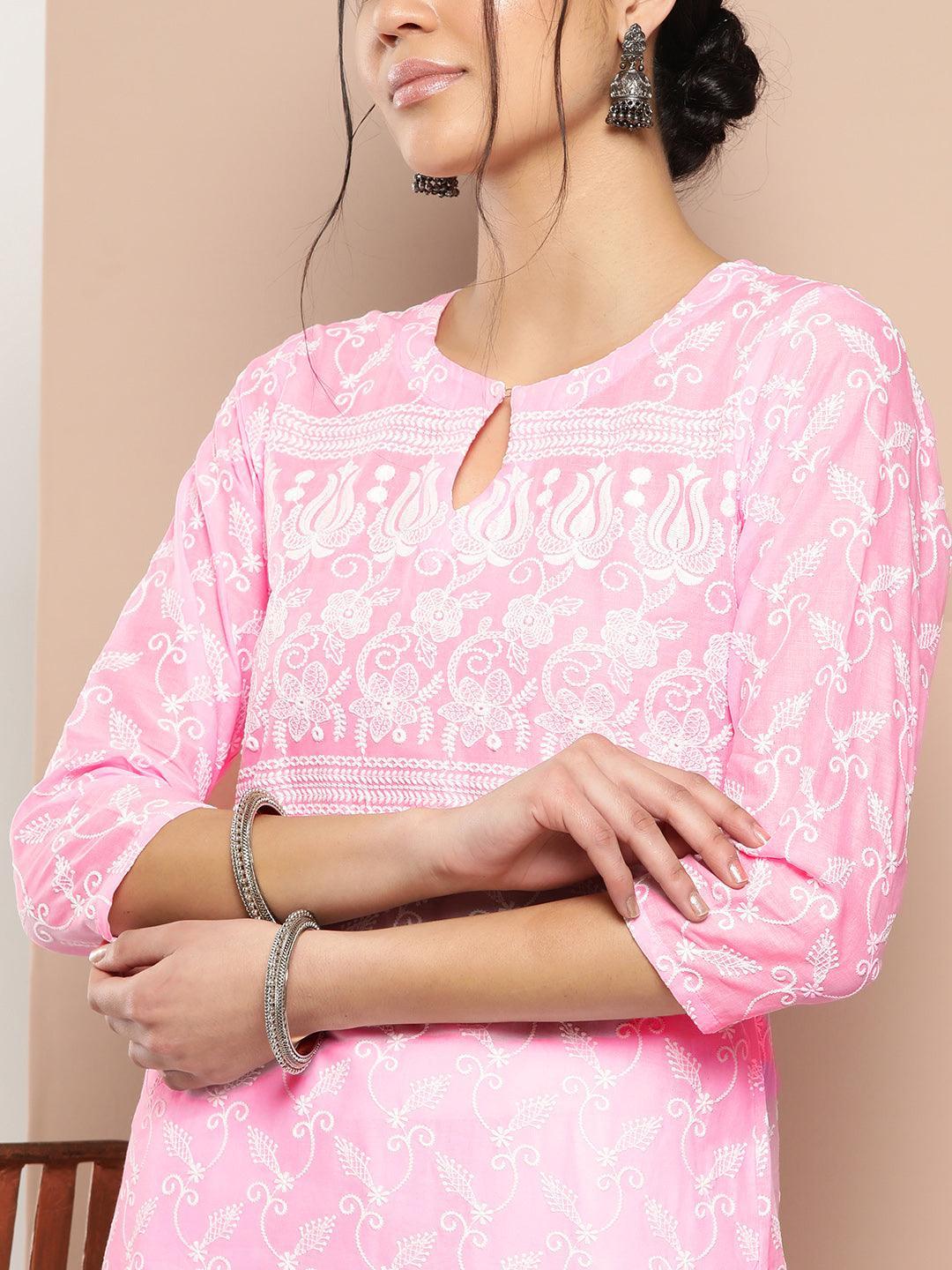 Pink Embroidered Cotton Straight Kurta - ShopLibas