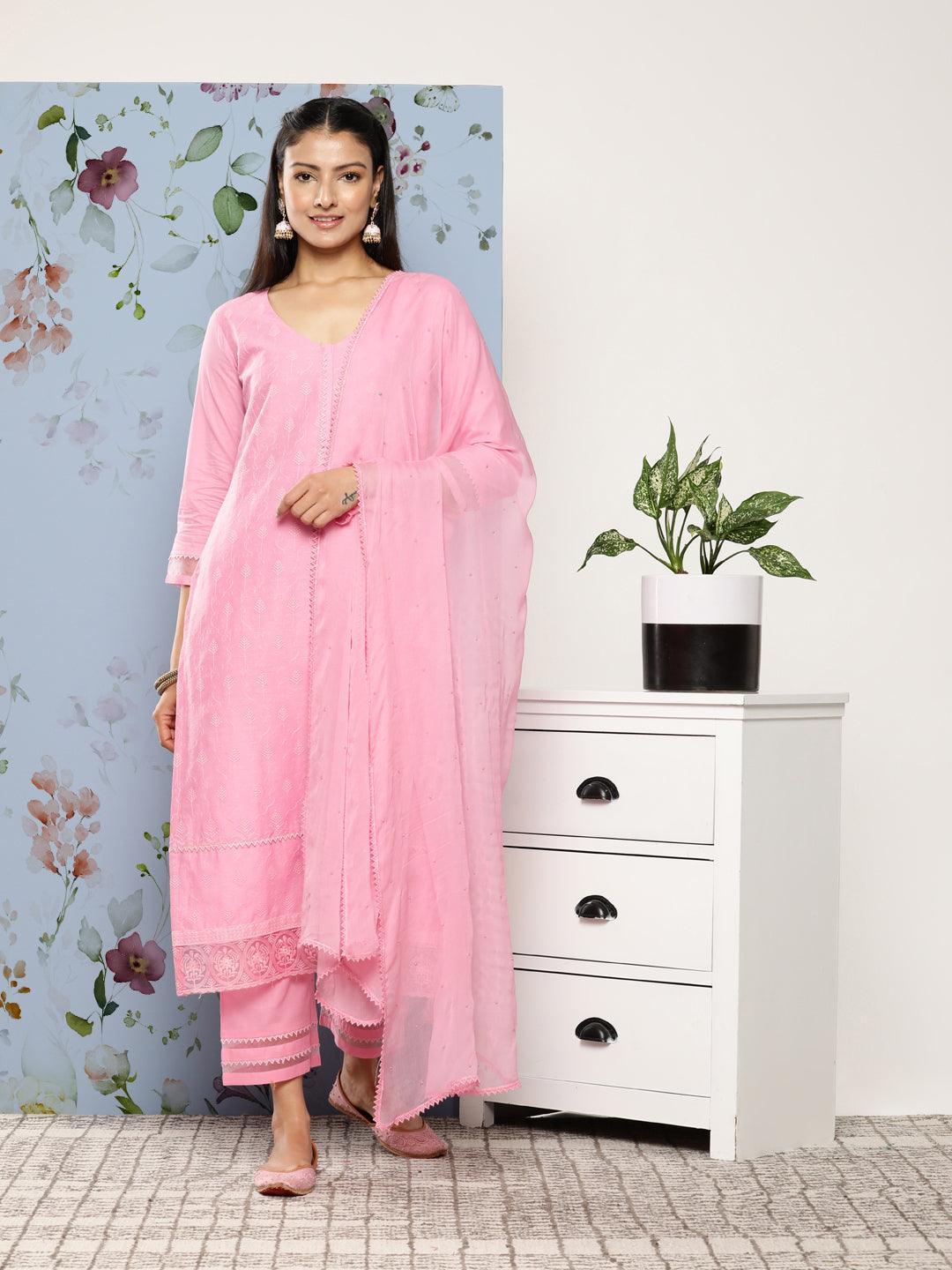 Pink Embroidered Cotton Suit Set With Trousers