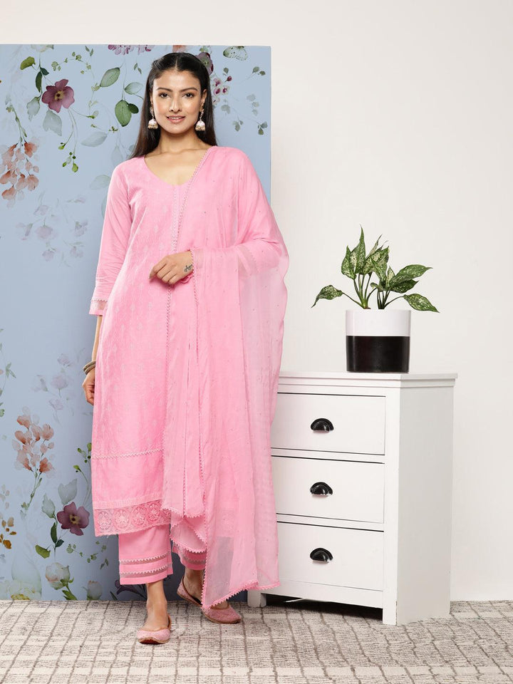 Pink Embroidered Cotton Suit Set With Trousers - ShopLibas