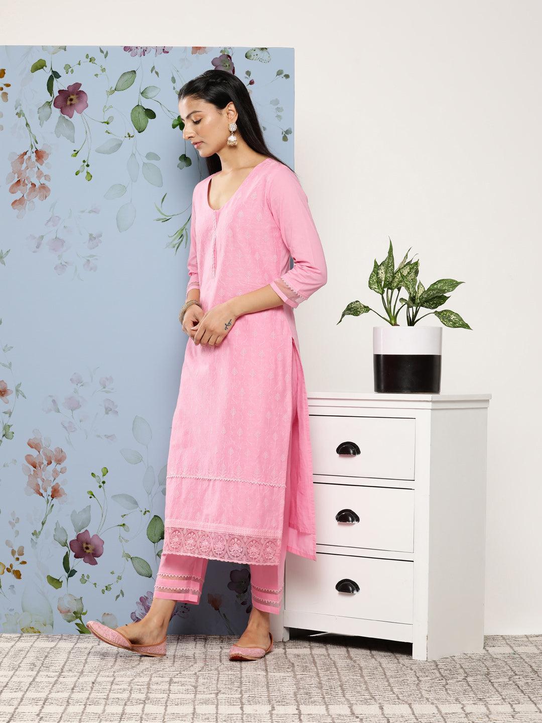 Pink Embroidered Cotton Suit Set With Trousers