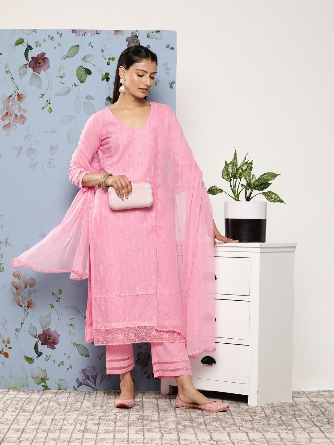 Pink Embroidered Cotton Suit Set With Trousers