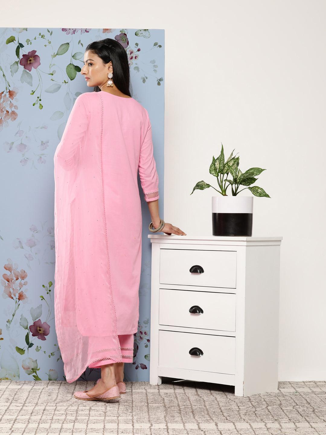 Pink Embroidered Cotton Suit Set With Trousers