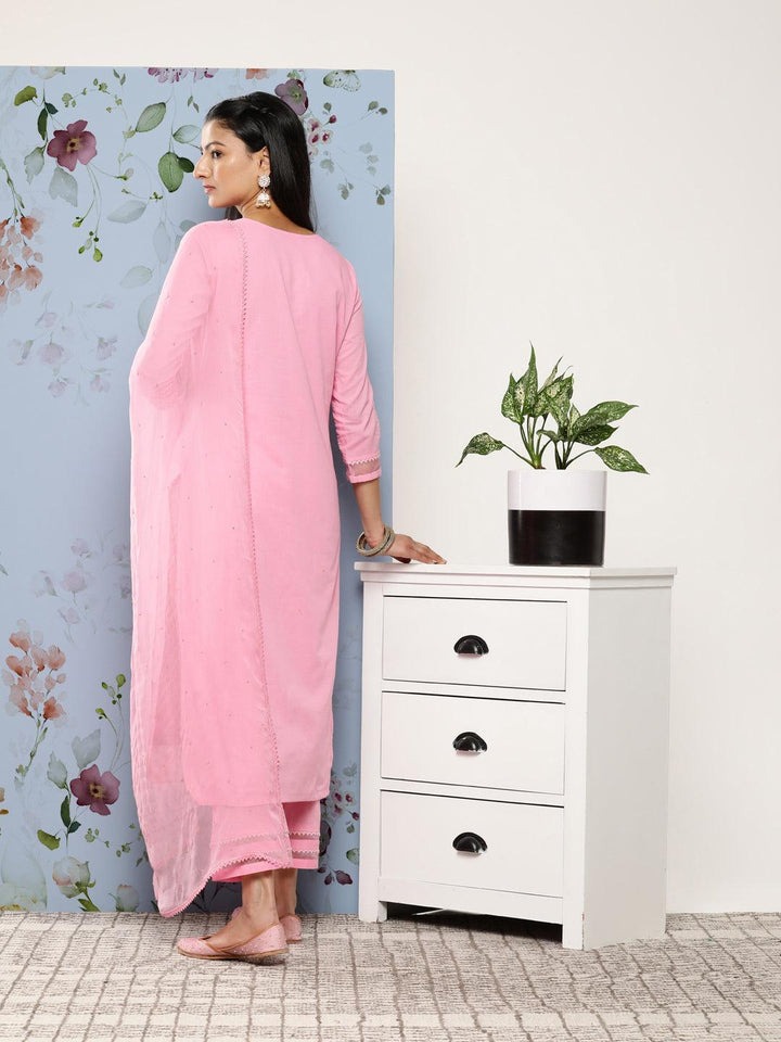 Pink Embroidered Cotton Suit Set With Trousers - ShopLibas