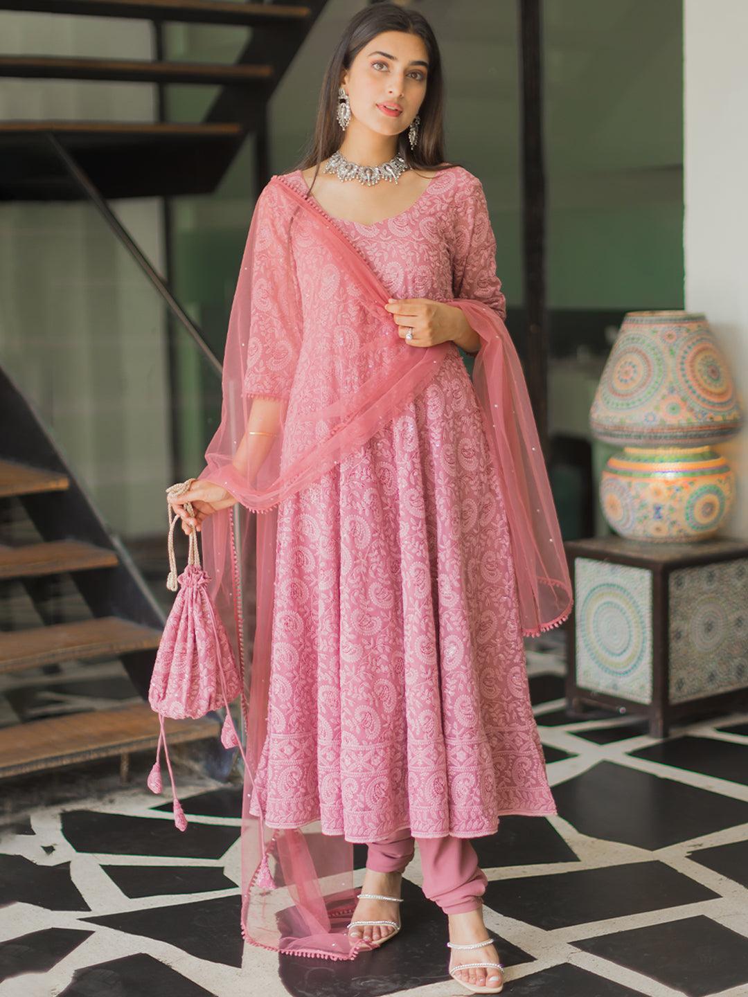 Pink Embroidered Georgette Anarkali Suit Set With Potli