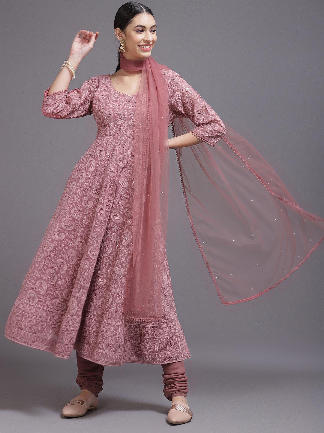 Pink Embroidered Georgette Anarkali Suit Set With Potli