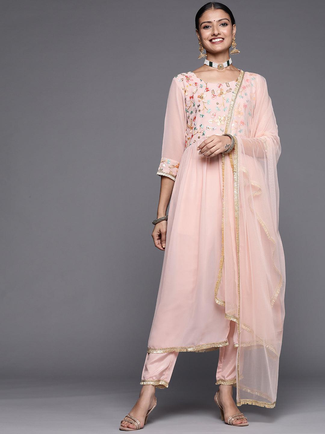 Pink Embroidered Georgette Anarkali Suit Set