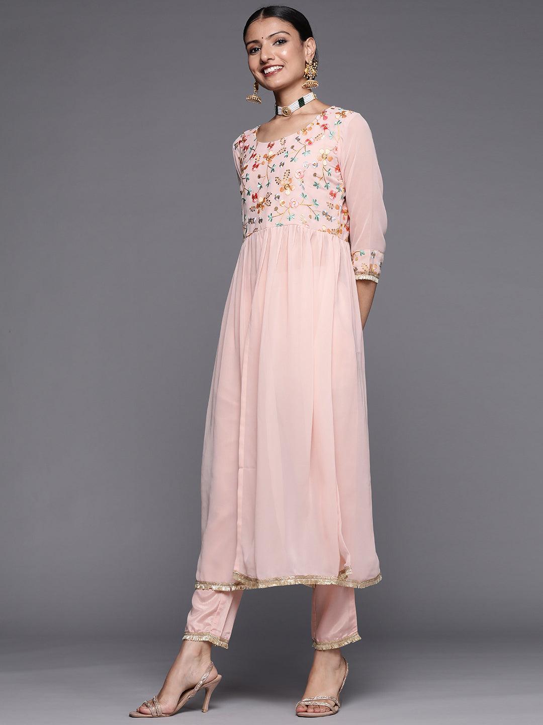 Pink Embroidered Georgette Anarkali Suit Set