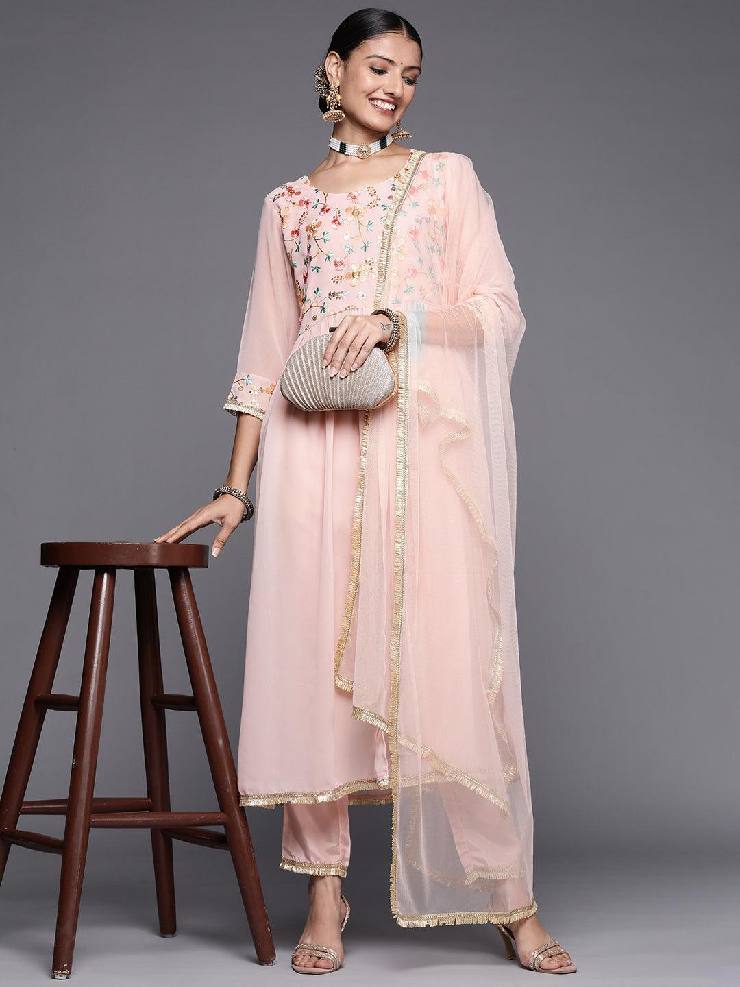 Pink Embroidered Georgette Anarkali Suit Set