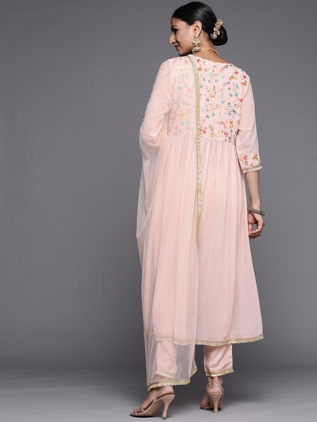 Pink Embroidered Georgette Anarkali Suit Set