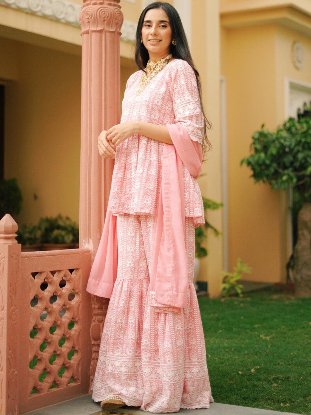 Pink Embroidered Georgette Suit Set