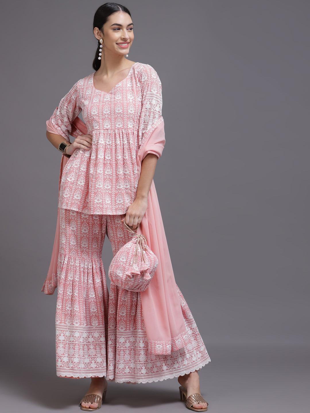 Pink Embroidered Georgette Suit Set