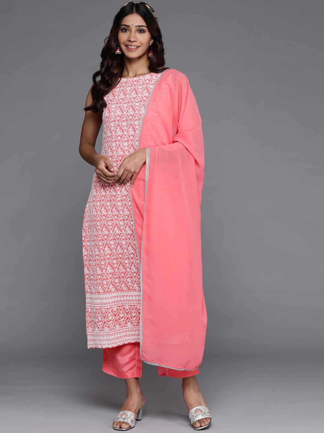 Pink Embroidered Georgette Straight Kurta With Dupatta