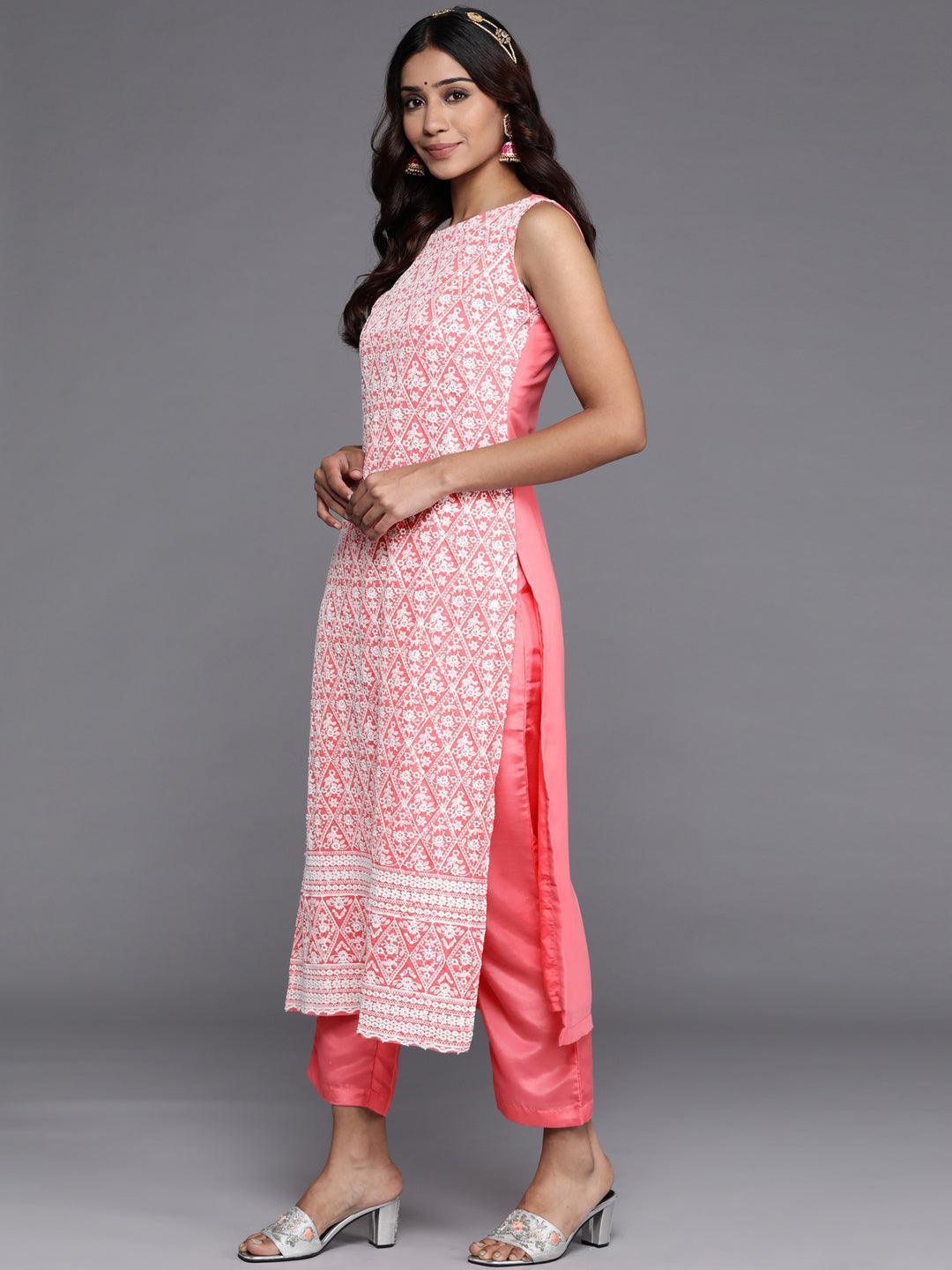 Pink Embroidered Georgette Straight Kurta With Dupatta