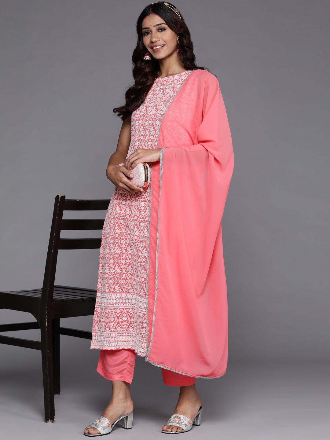 Pink Embroidered Georgette Straight Kurta With Dupatta