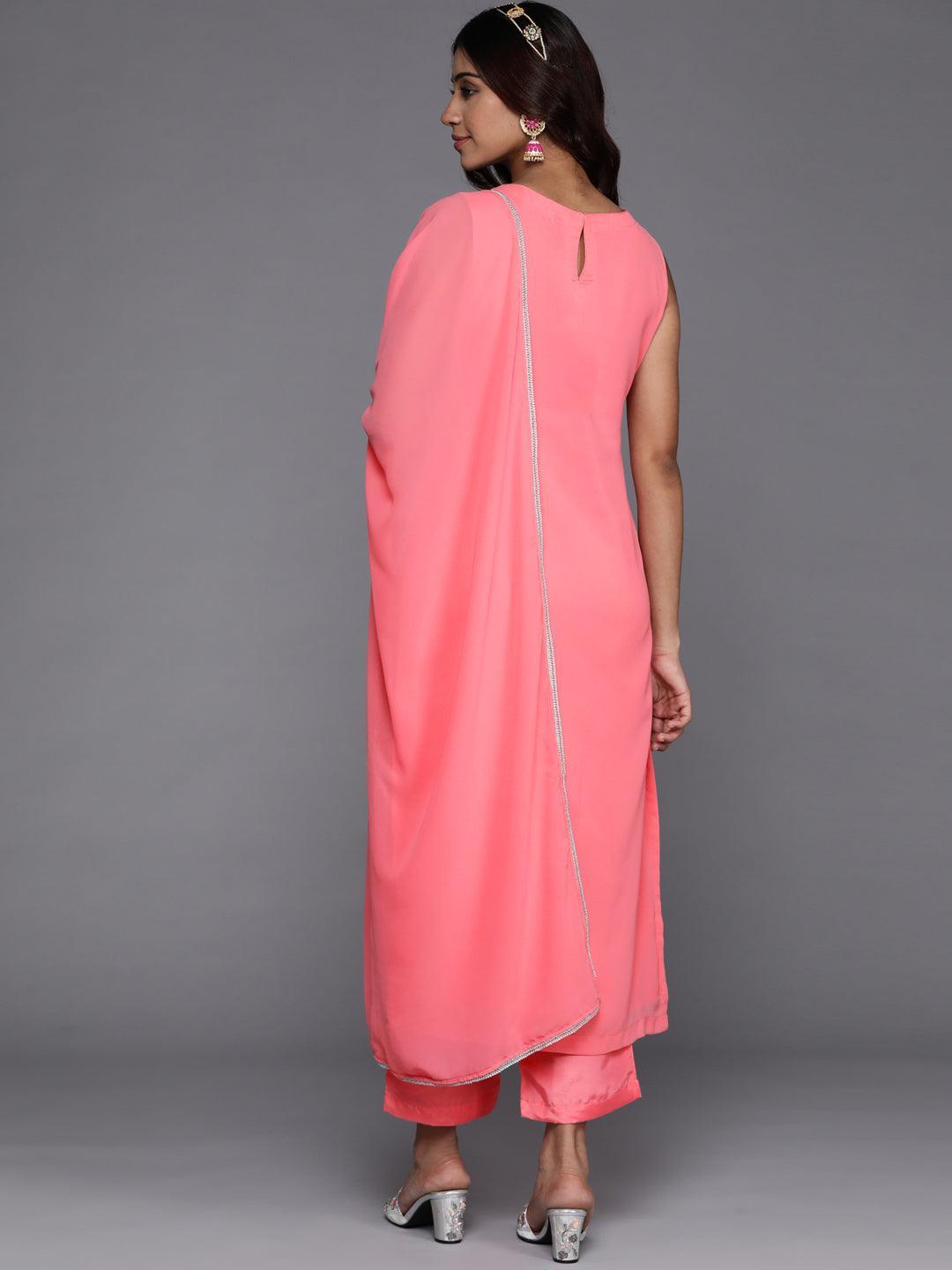 Pink Embroidered Georgette Straight Kurta With Dupatta