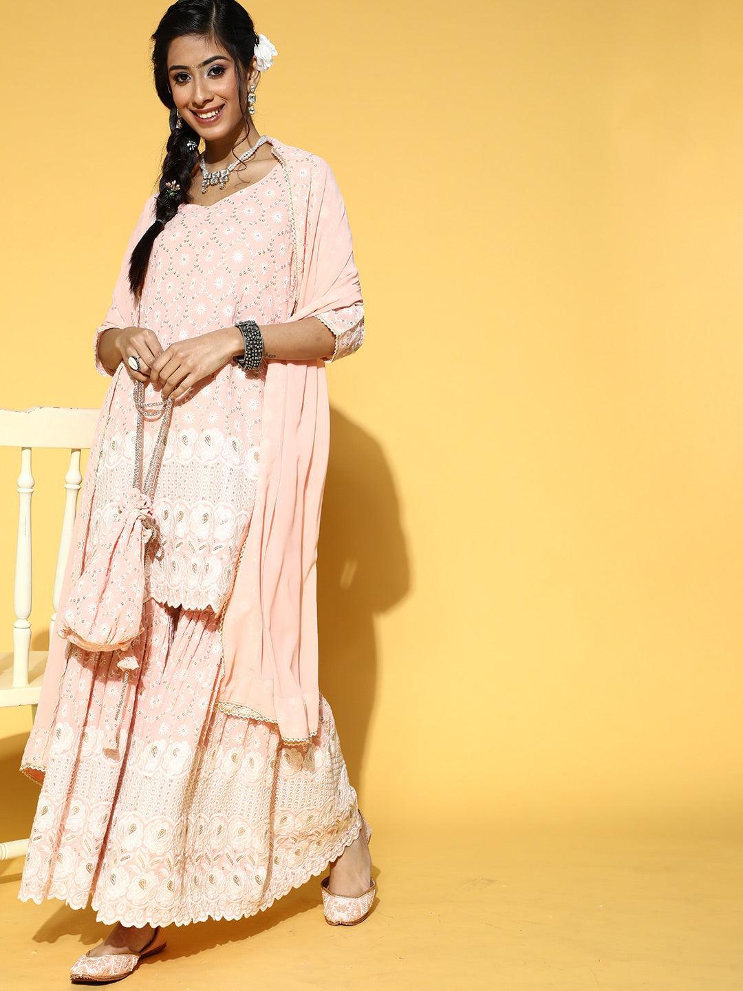 Pink Embroidered Georgette Suit Set