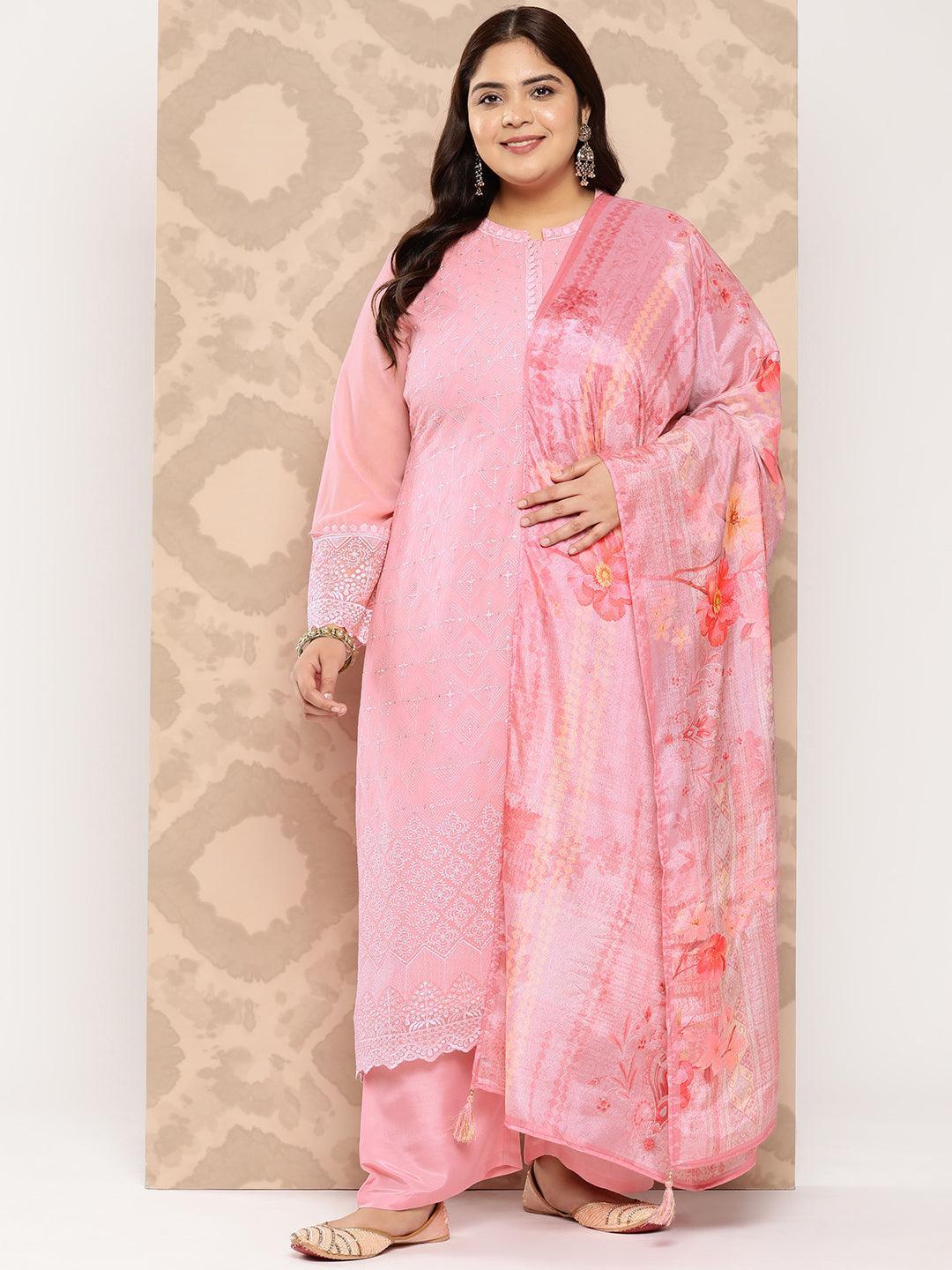 Pink Embroidered Georgette Straight Kurta With Trousers and Dupatta