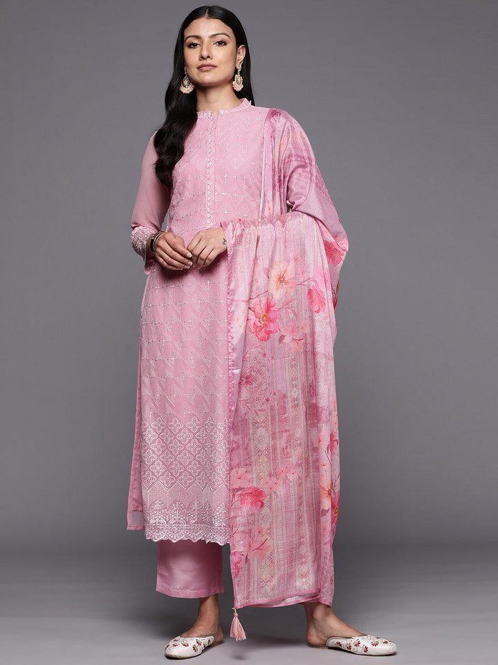 Pink Embroidered Georgette Straight Suit Set With Trousers - ShopLibas