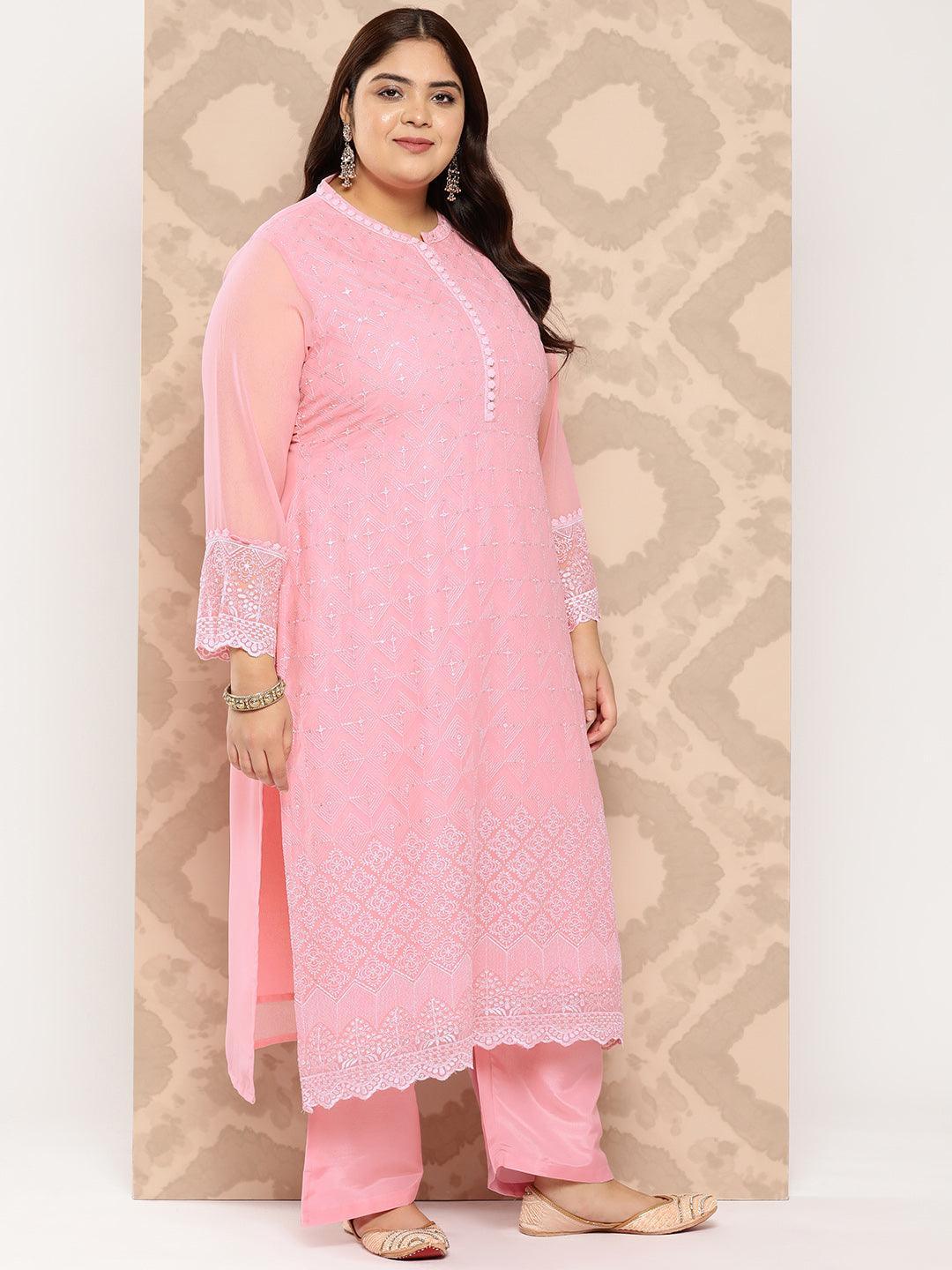 Pink Embroidered Georgette Straight Kurta With Trousers and Dupatta