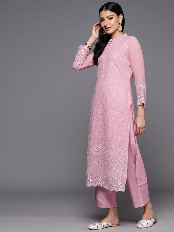 Pink Embroidered Georgette Straight Suit Set With Trousers - ShopLibas