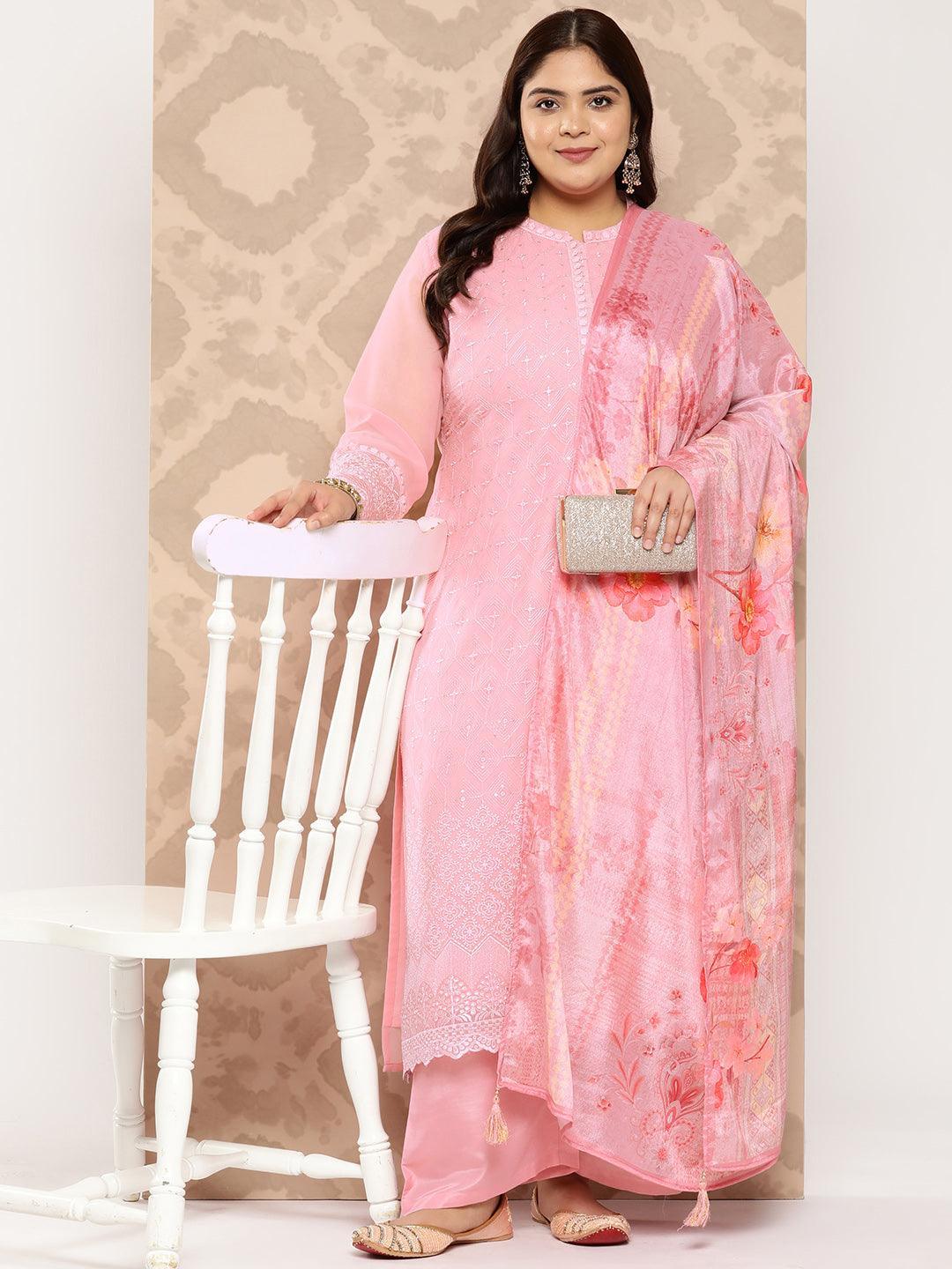 Pink Embroidered Georgette Straight Kurta With Trousers and Dupatta