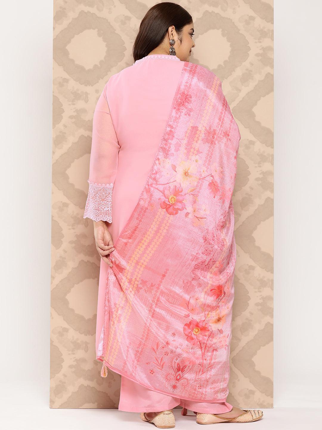 Pink Embroidered Georgette Straight Kurta With Trousers and Dupatta