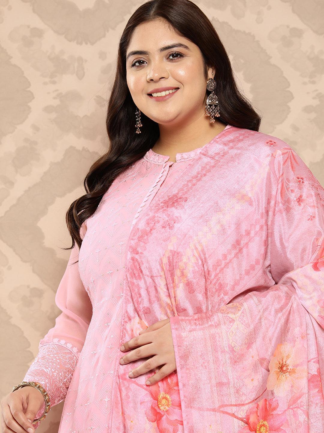 Pink Embroidered Georgette Straight Kurta With Trousers and Dupatta