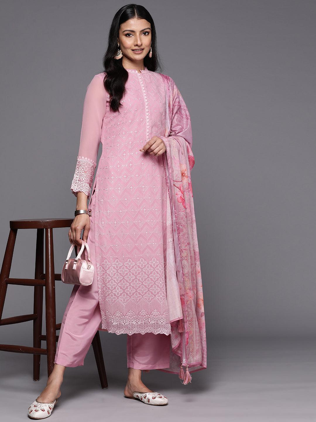 Pink Embroidered Georgette Straight Suit Set With Trousers - ShopLibas