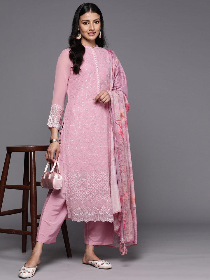 Pink Embroidered Georgette Straight Suit Set With Trousers - ShopLibas