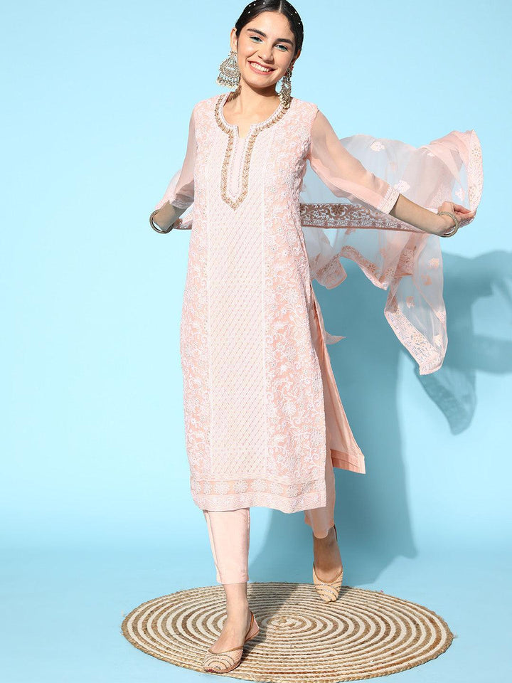 Pink Embroidered Georgette Straight Suit Set With Trousers - ShopLibas