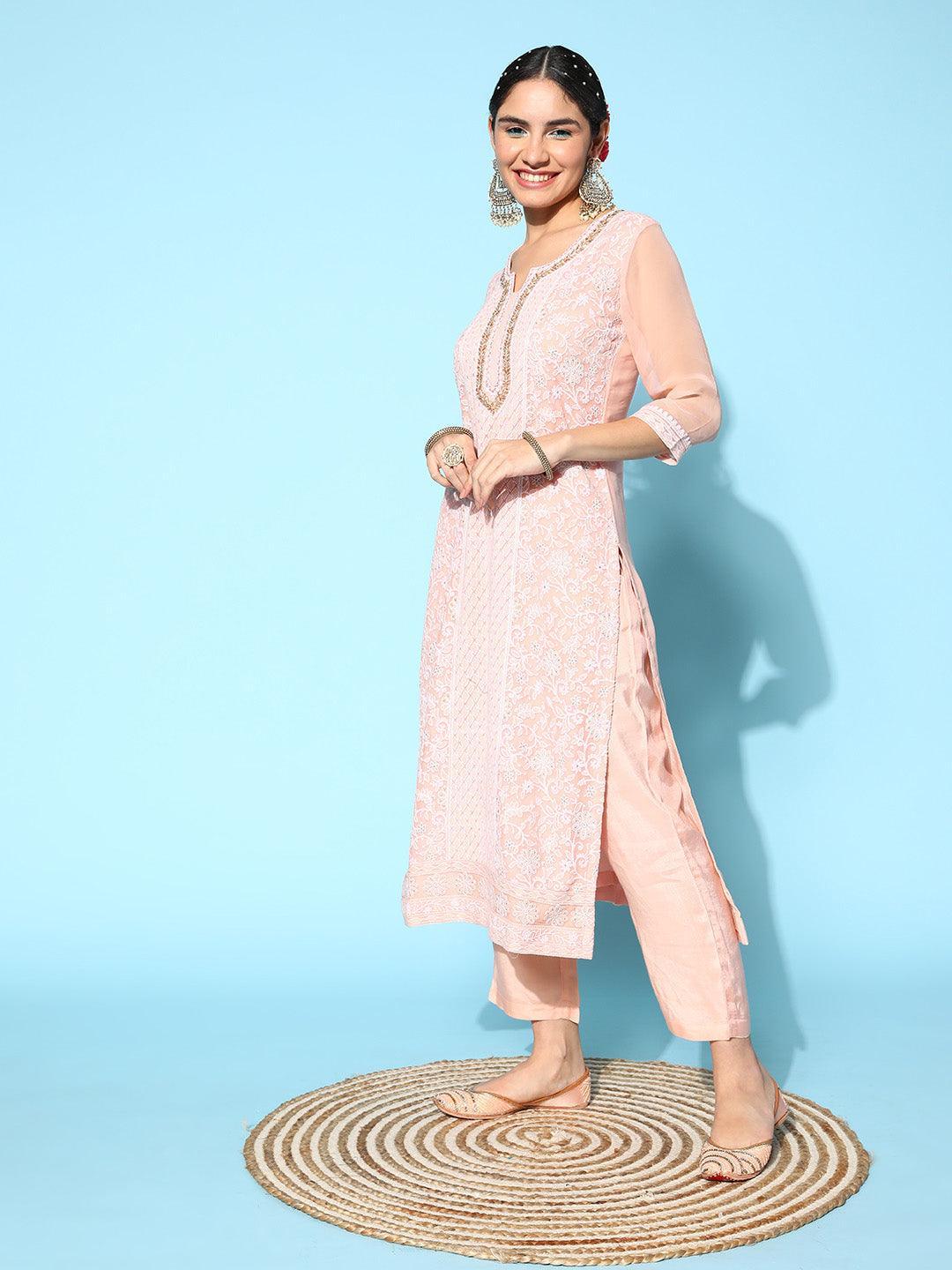 Pink Embroidered Georgette Straight Suit Set With Trousers - ShopLibas