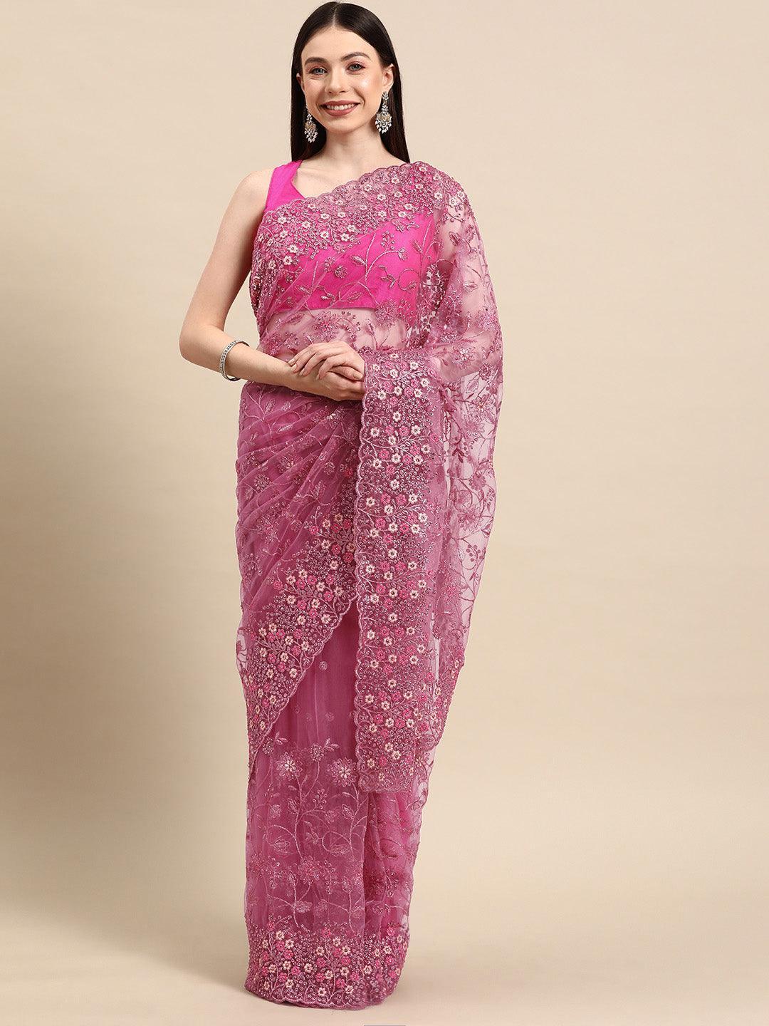 Pink Embroidered Net Saree