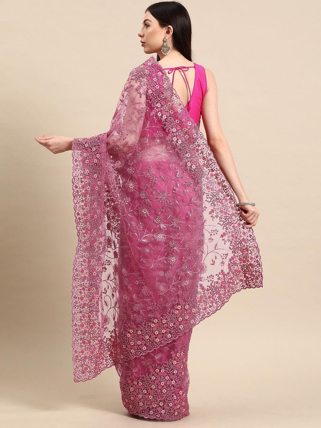 Pink Embroidered Net Saree