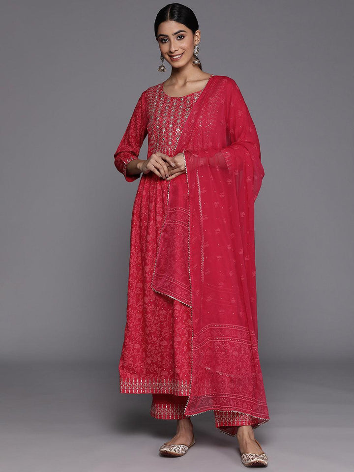 Pink Embroidered Rayon Suit Set With Trousers - ShopLibas