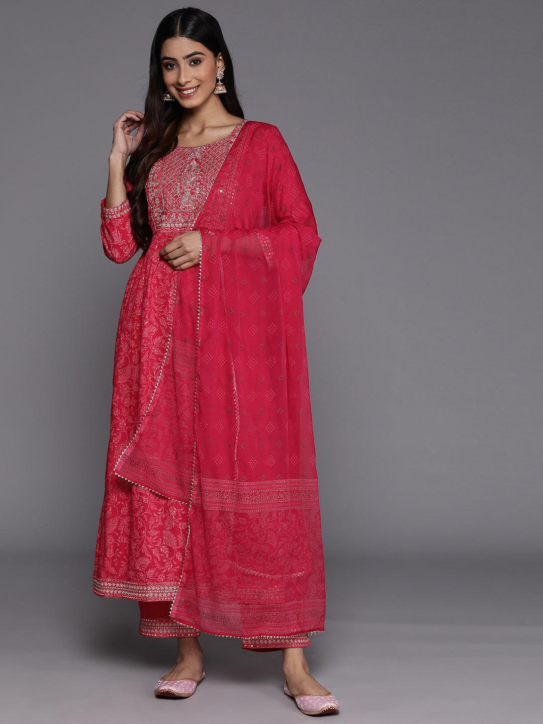 Pink Embroidered Rayon Suit Set With Trousers - ShopLibas