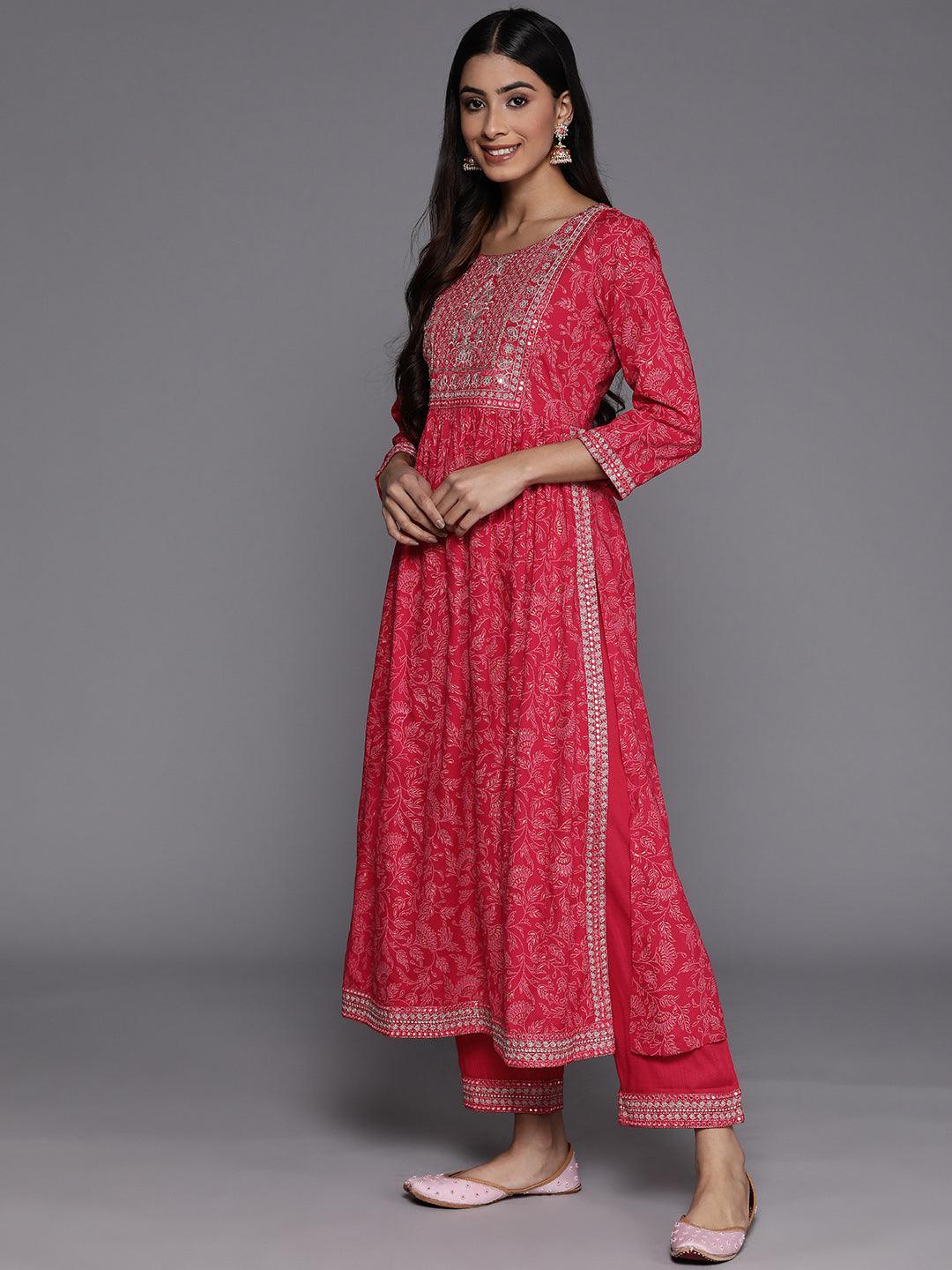 Pink Embroidered Rayon Suit Set With Trousers - ShopLibas