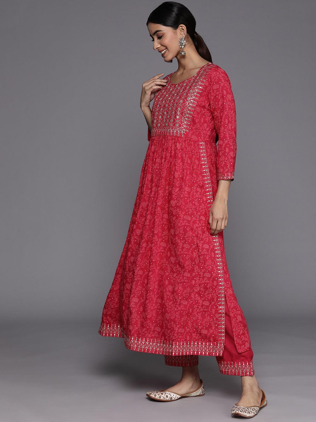 Pink Embroidered Rayon Suit Set With Trousers - ShopLibas