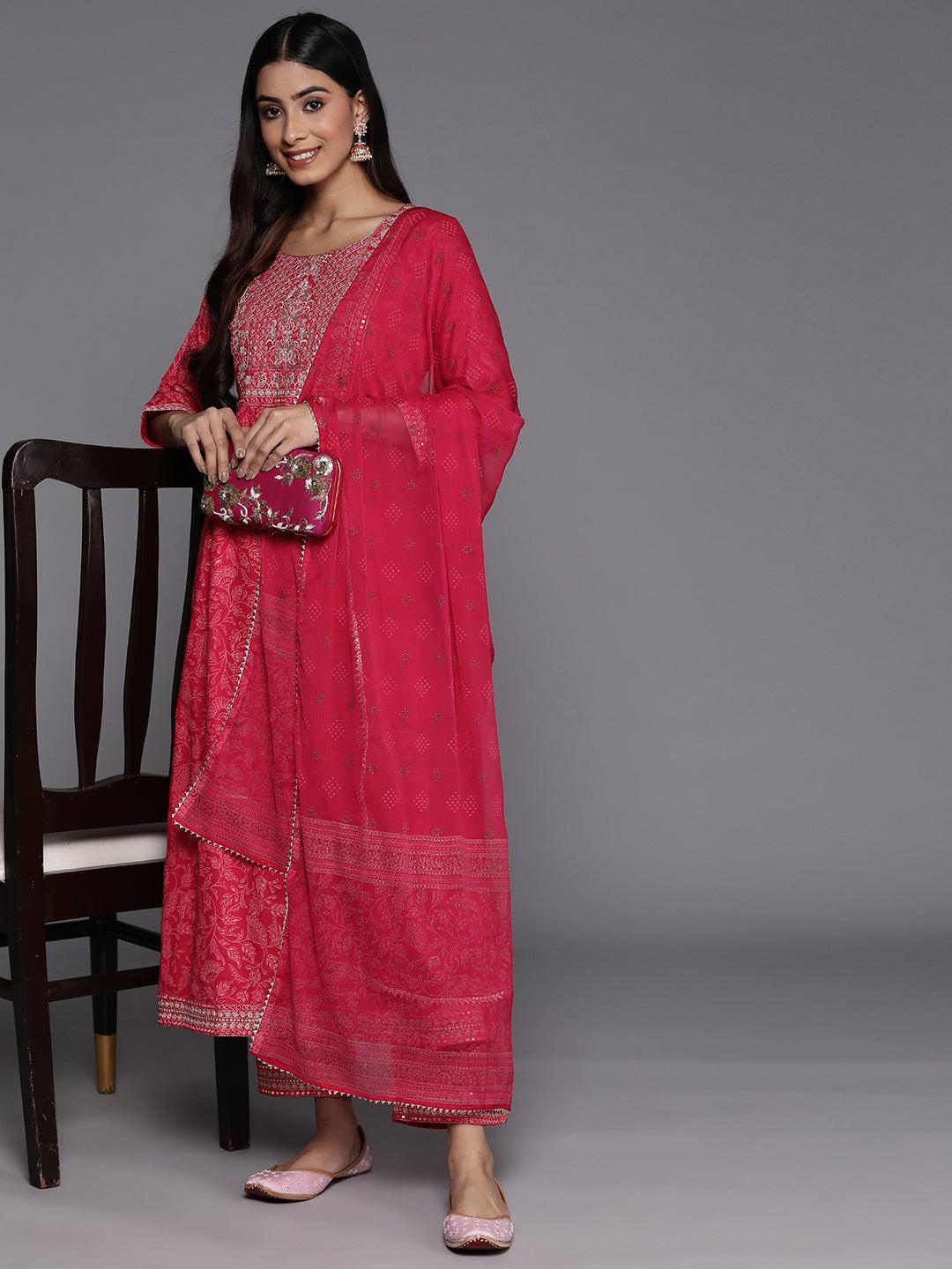 Pink Embroidered Rayon Suit Set With Trousers - ShopLibas