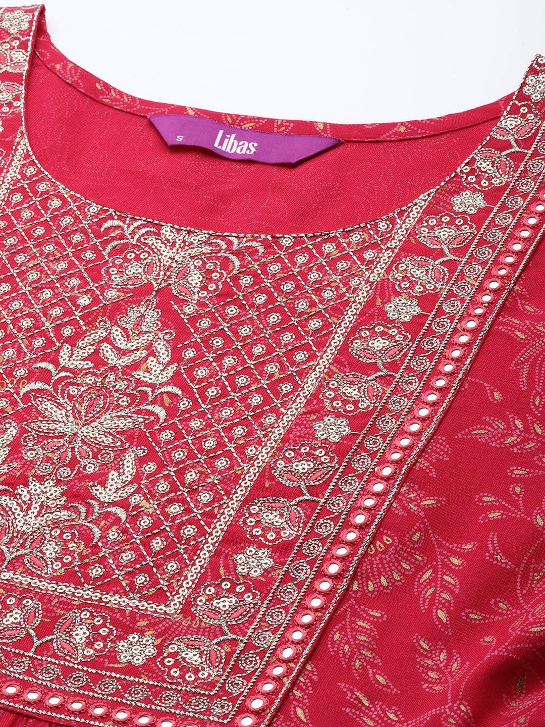 Pink Embroidered Rayon Suit Set With Trousers - ShopLibas