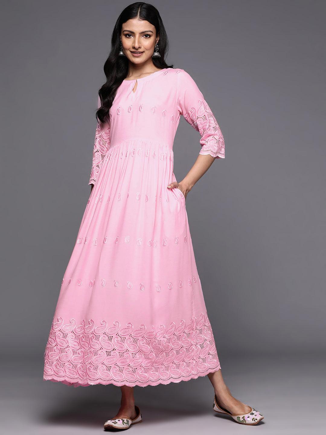 Pink Embroidered Rayon Fit and Flare Dress