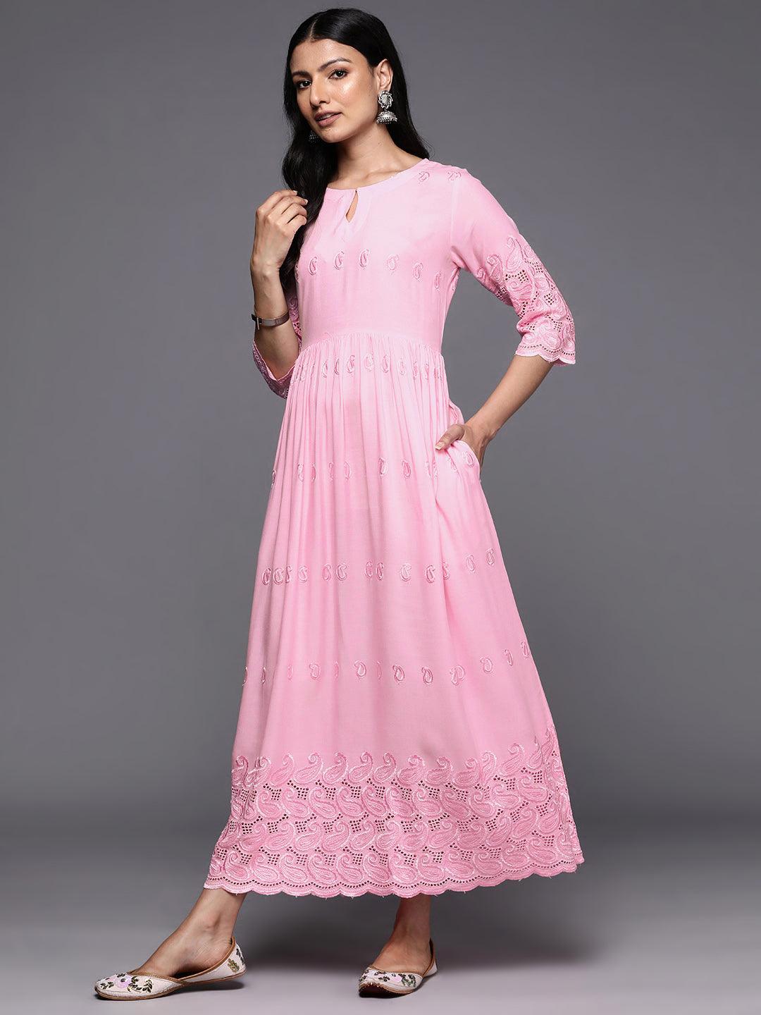 Pink Embroidered Rayon Fit and Flare Dress - ShopLibas