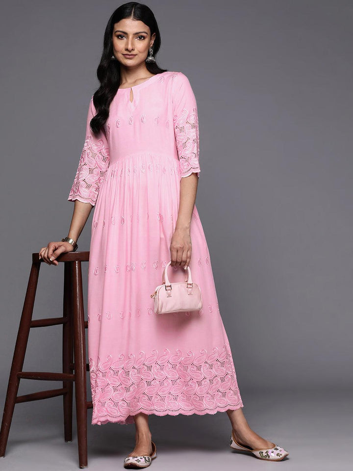 Pink Embroidered Rayon Fit and Flare Dress - ShopLibas