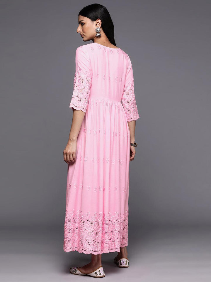 Pink Embroidered Rayon Fit and Flare Dress - ShopLibas