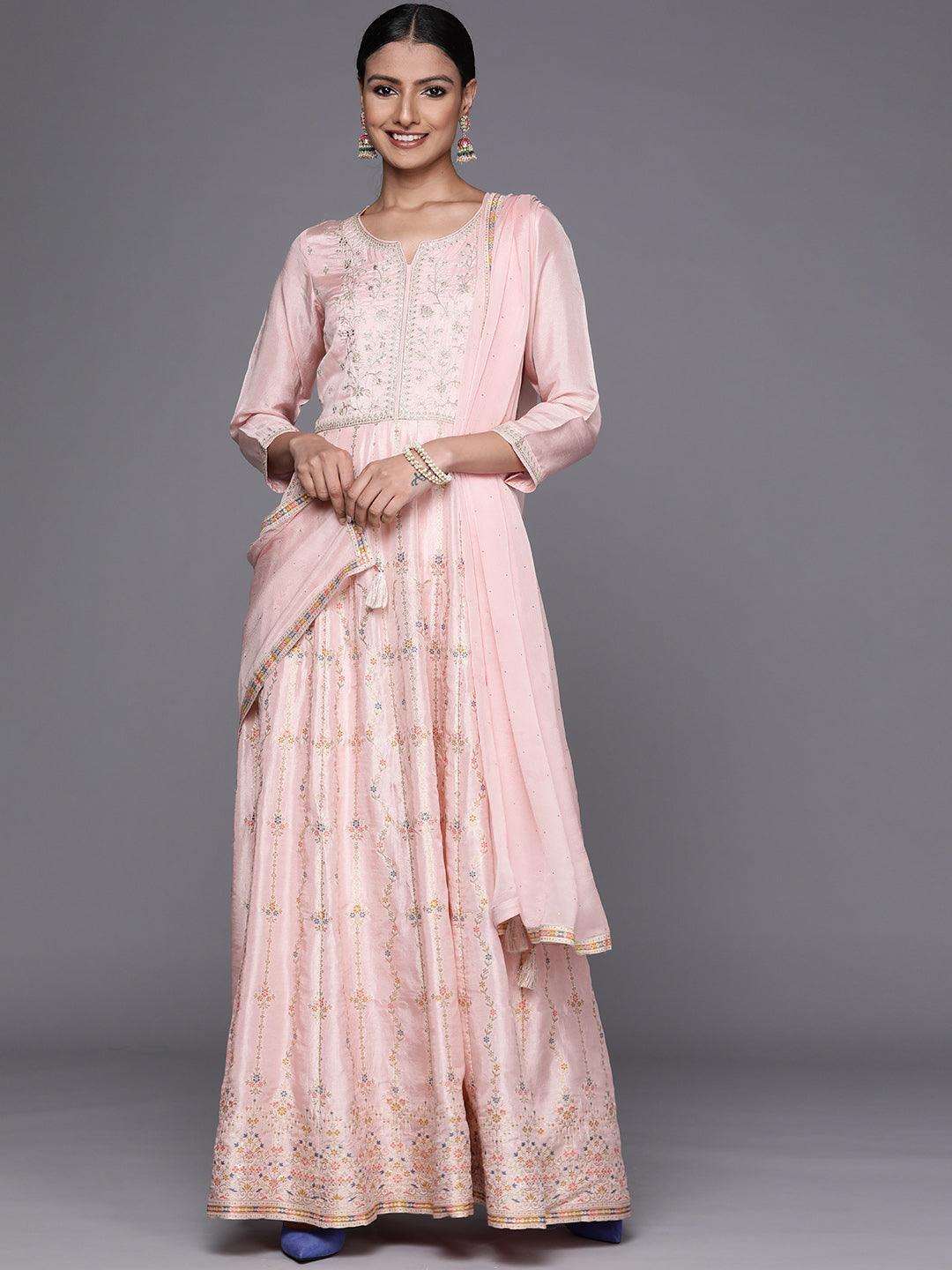 Pink Embroidered Silk Anarkali Suit Set