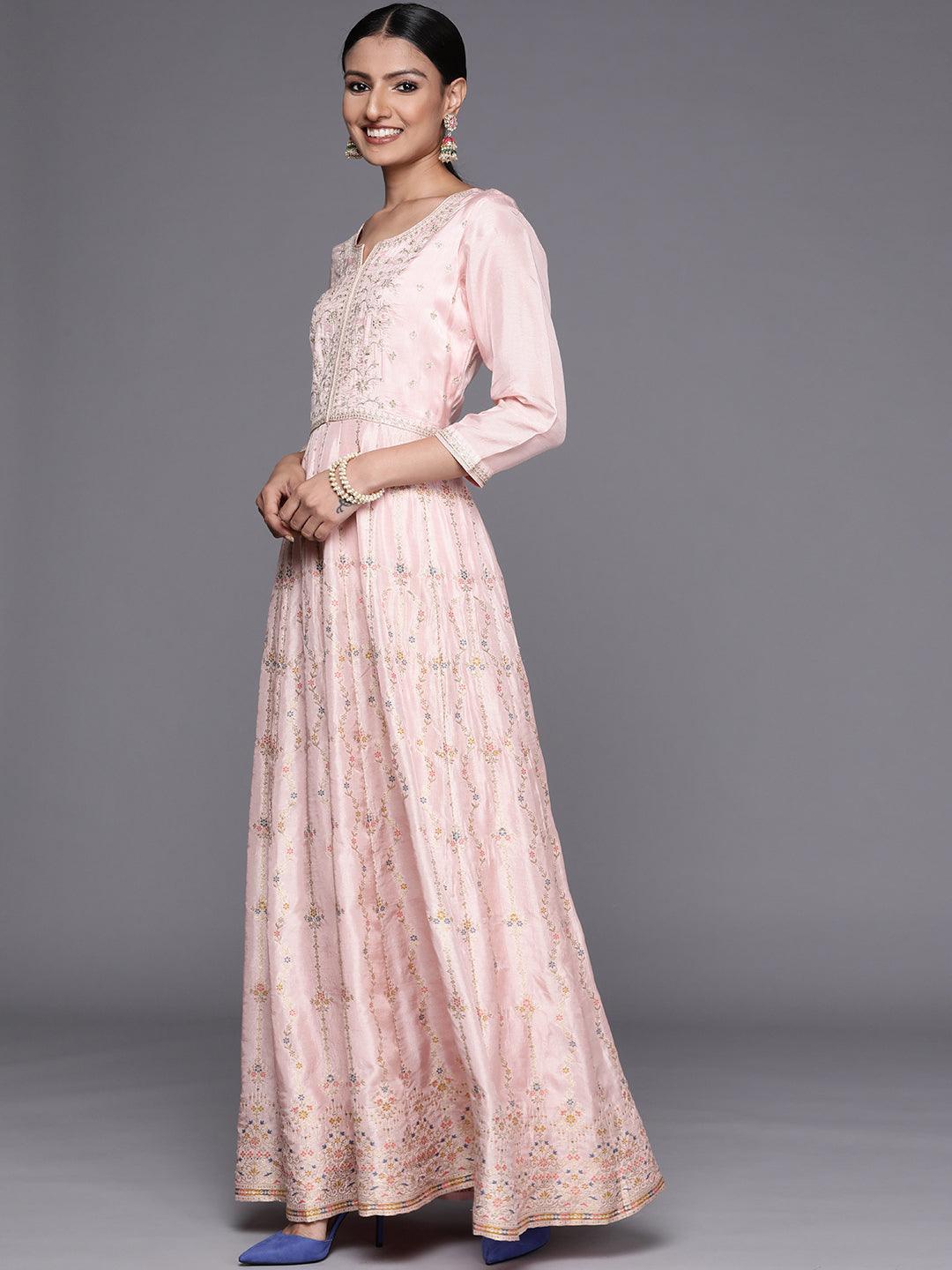 Pink Embroidered Silk Anarkali Suit Set